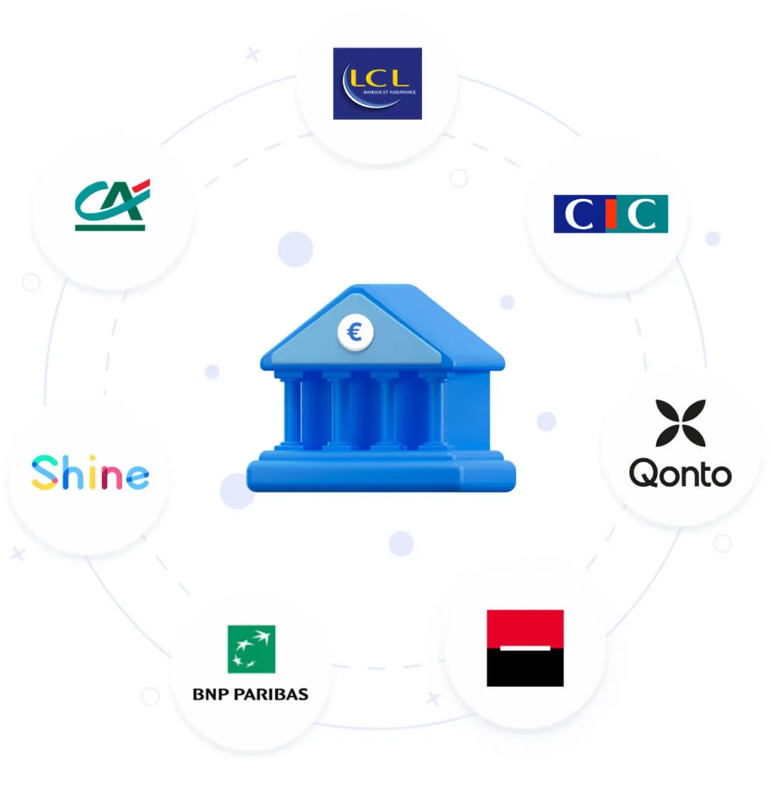 Synchronisation des flux bancaires avec le Crédit Agricole, LCL, CIC, BNP Paribas, la Société Générale, Qonto, Shine et bien d'autres.